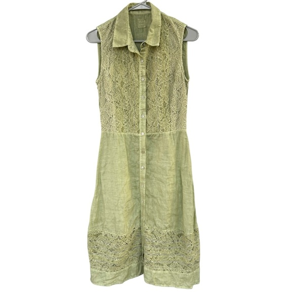 120% Lino Midi Dress - Italian Linen - Green Lace - Size Small - Picture 1 of 9